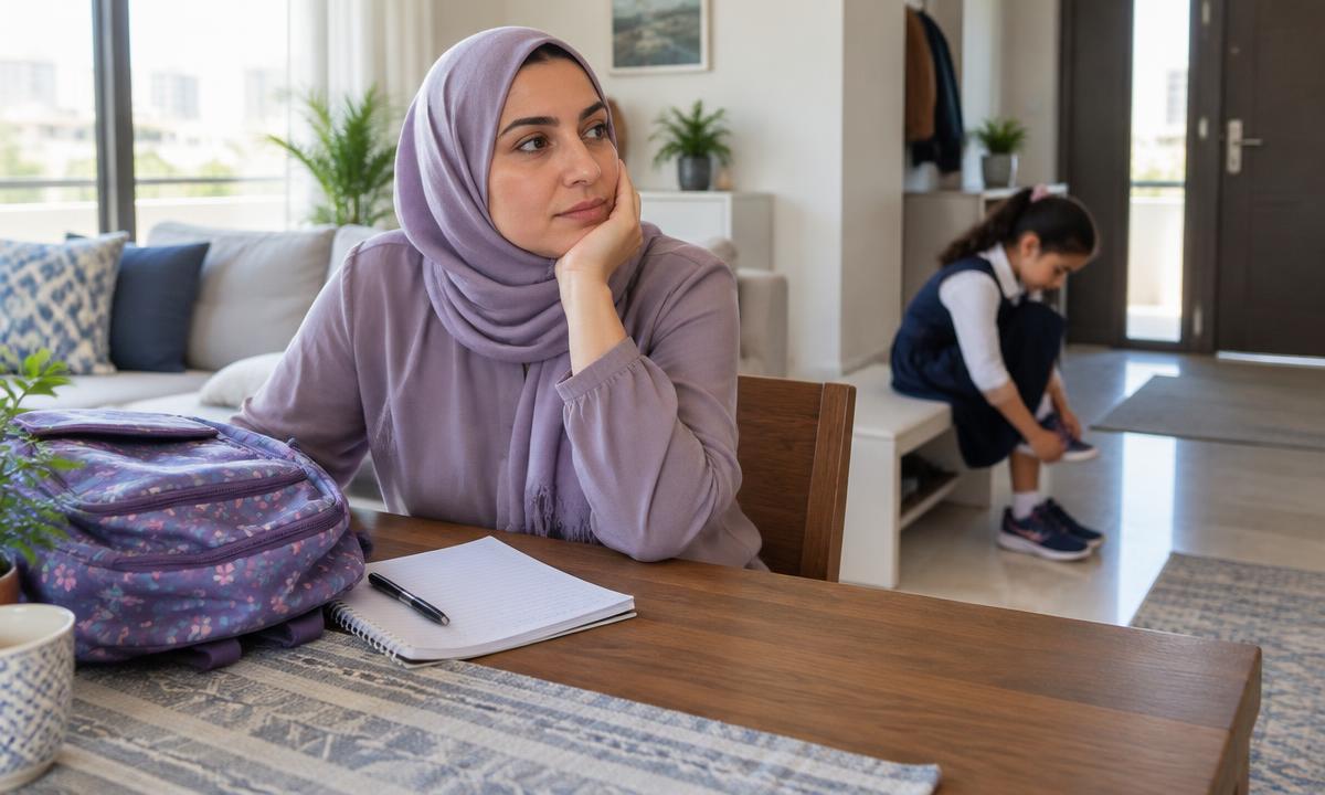 أم تأخذ لحظة للتفكير وسط تفاصيل يومها بينما طفلتها تحاول الاعتماد على نفسها